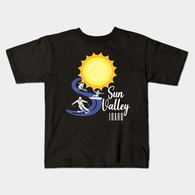 Sun Valley, Idaho USA. White Text. Gift Ideas For The Ski Enthusiast. Kids T-Shirt by Papilio Art